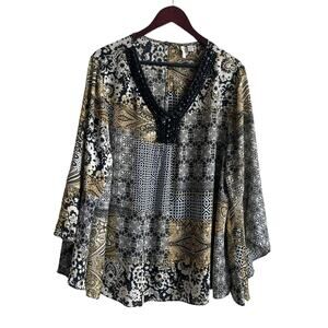 Cato Women Tunic Top Gem Neckline Long Bell Sleeve Boho Mix Pattern Print 18/20‎